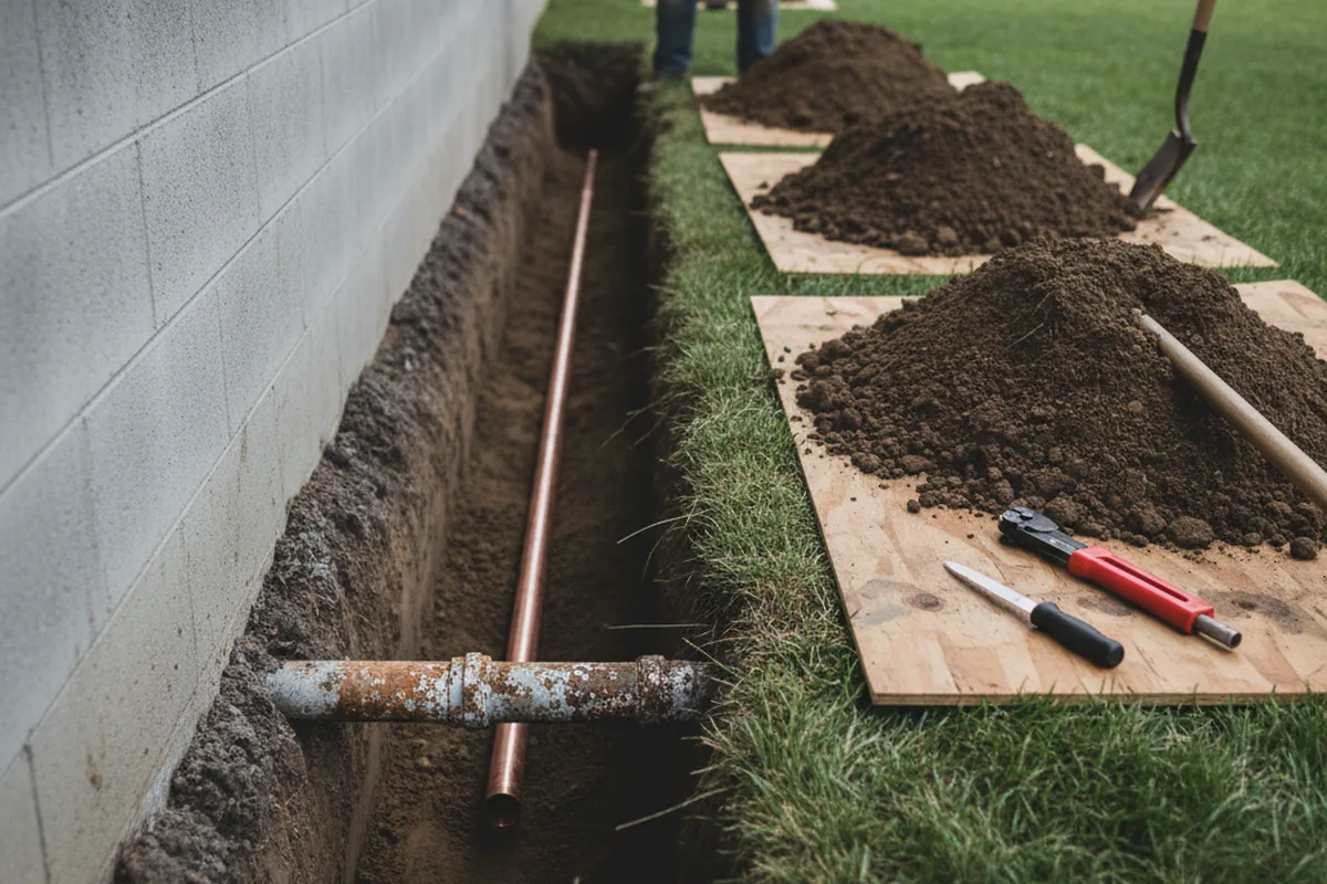 Excavated water line trench during Water Softener Installation in Ridgeland